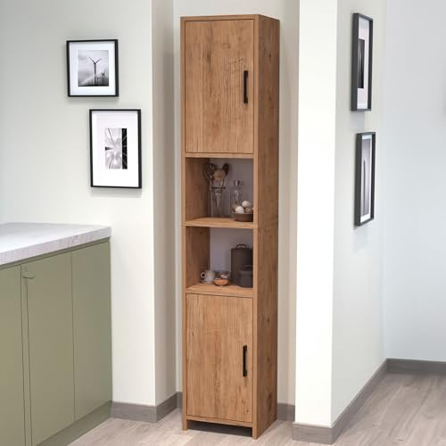 [en.casa] Mobile a Colonna a 2 Ante a 2 Scomparti Aperti per Cucina Dispensa Armadio Alto Stretto Multiuso per Bagno Ingresso con Ripiani 180 x 35 x 30 cm - Effetto Rovere