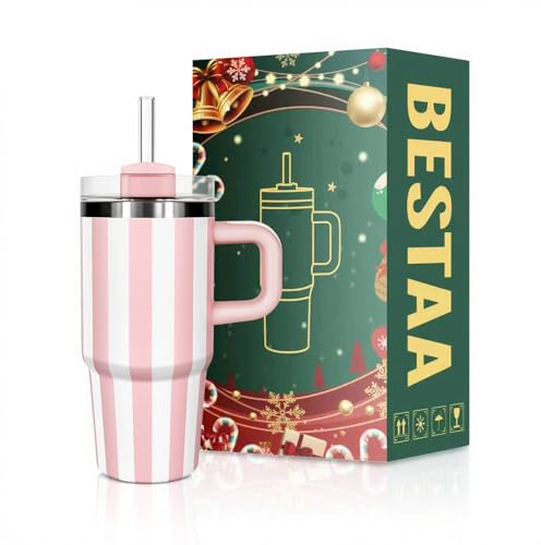 Bestaa Tumbler da 20 oz/590 ml, con manico e paglia, tazza termica con cannuccia e manico, in acciaio inox, tazza da viaggio, regalo per sport all'aria aperta (strisce rosa)
