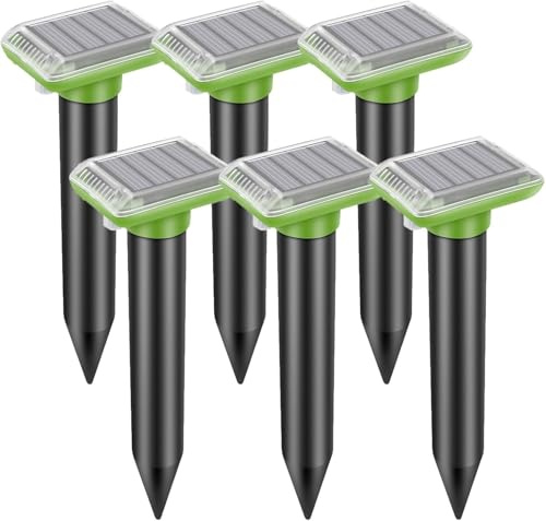 Ultrasonic Mole Repellent Outdoor, 6 Pack Gopher Repellent Solar-Powered for Lawn Yard and Garden, Waterproof Mole Killer Traps, Effectively Repels Gopher Vole Groundhog Snake, Green