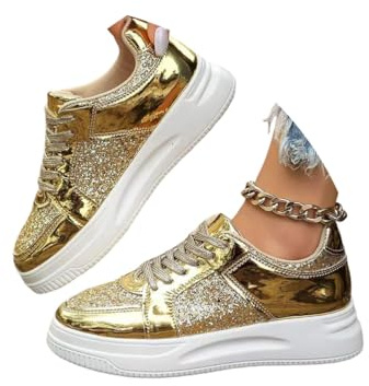 Minetom Femme Basket À Paillettes Basse Tenis Plateforme Lacets Chaussures Scintillantes Décontractées Sneakers A Or 42 EU