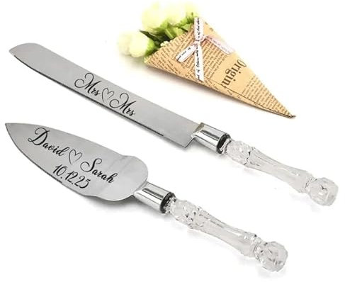 Mandore Designs Engraved Crystal Cake Server & Slicer Set – Personalised for Weddings, Brides & Grooms, Anniversaries & More