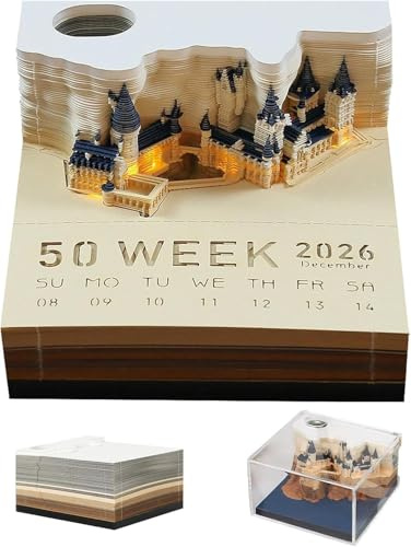 Bloc-notes 3D, calendrier 2026 avec LED et porte-stylo, calendrier 3D, calendrier 3D, calendrier hebdomadaire Magic Castle, calendrier hebdomadaire à détacher, calendrier de table, décoration de