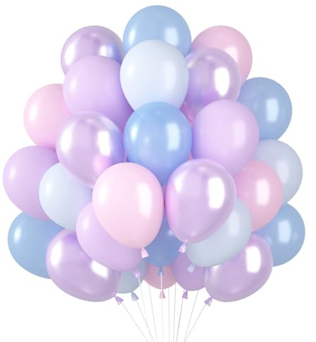 Luftballons Rosa Blau Lila 60 Stück, Luftballons Pastellfarben Perlrosa Blaue Pastell Ballons, Hellblau Rosa Metallic Lila Ballon für Mädchen Frozen Geburtstag Meerjungfrau Gender Reveal Party Deko