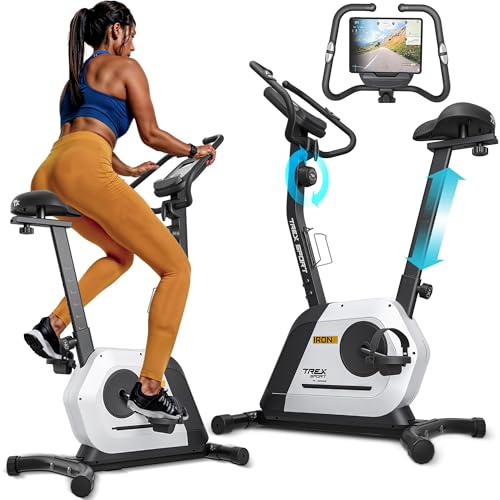 TREX SPORT Heimtrainer Fahrrad IRON bis 125kg Magnetwiderstand 14 Stufen | TX-500MB Trainingscomputer mit Touch-Display, Pulssensoren, Bluetooth, Schwarz / Weiß
