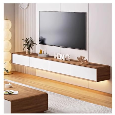 YAONJS Meuble TV Mural Suspendu en Bois Massif 160/200/240 Cm, Style Rétro, en Noyer, pour Petit Appartement, Chambre, Salon, Hôtel(Walnut+White Door,200cm)