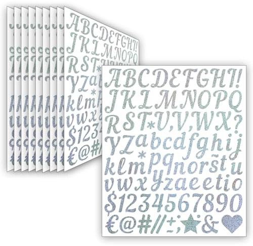 10 Blätter Glitzer Selbstklebende Buchstaben Aufkleber, 880 Stücke Wetterfeste Vinyl Alphabet Nummern Sticker (2.5 cm), Klebebuchstaben für DIY Scrapbooking, Postfach, Grußkartendekoration (Silber)