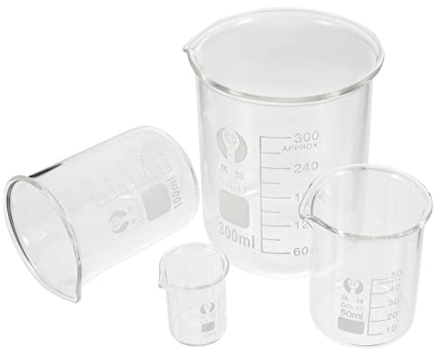 BESTYASH Juego de 4 Vasos de Precipitados de Vidrio de Laboratorio de Alta Resistencia, 10 Ml, 50 Ml, 100 Ml y 300 Ml, Vasos Medidores Escala Clara para Medición Precisa, Uso en Química