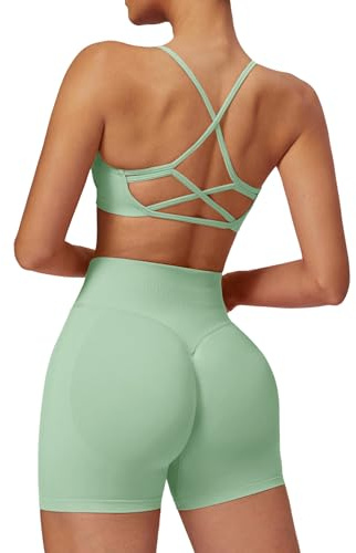 Odizli Damen Crossback Rückenfrei Sport BH + High Waist Shorts Outfit Fitness Gym Workout Yoga Sportkleidung