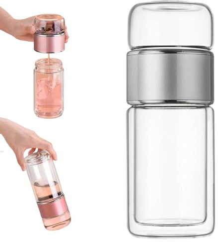 Tryteava Glass Tea Infuser Bottle, Doppellagiger Glas Teeflasche mit Sieb, 3 In 1 Smart Tea Maker for Loose Leaf Tea Steeper, Light Portable Travel Tea Maker with Stainless Tea Filter (Silber,420mL)