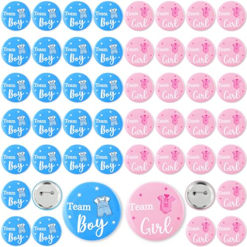 Quelay 50 Pcs Gender Reveal Button Pins 1.75 Inch Team Boy or Girl Pins Bulk, Baby Clothes Gender Reveal Decorations Baby Shower Party Favors for Guests Pink and Blue Badge Supplies