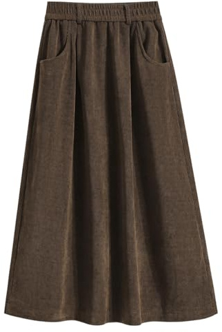 Knee Length Corduroy Skirts for Women Elastic High Waist Vintage A-line Flared Swing Casual Maxi Skirts with Pockets