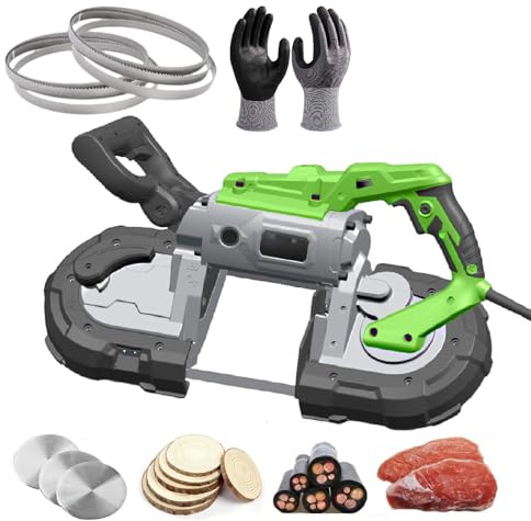 Portable Band Saw for Metal Cutting with LED Light, Adjustable Angle, Includes Blades and Gloves, Ideal for Various Materials