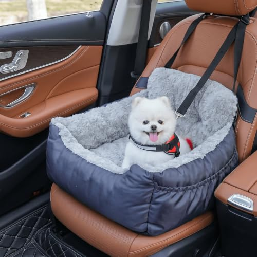 Oiilores Dog Car Seat for Small Dogs, Washable Pet Booster Seats with Clip-On Safety Leash, Comfy Deluxe Plush Carseat with Storage Pockets, Puppy Car Travel Carrier Bed for Dogs Under 25 lbs, Grey