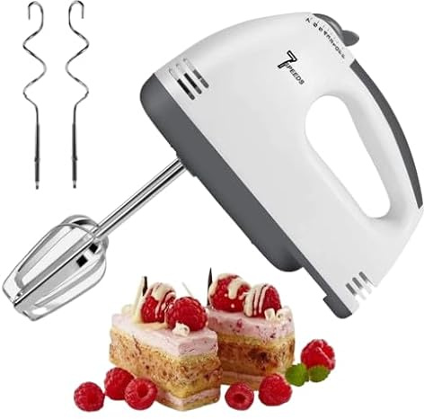 Electric Handheld Whisk 7 Speed Hand Mixer for Baking Lightweight Portable Kitchen Egg Beater with Stainless Steel Dough Hooks and Balloon Beaters for Cream Cake Batter and Mashed Potatoes White