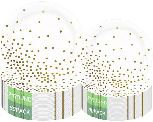 100 Pcs Party Paper Plates, 7 & 9 inch White and Gold Dessert Plates Bulk, Disposable Dinner Cake Plate for Birthday Wedding Baby Shower Decorations Graduation Festivals Table Decorations, Gold Dot