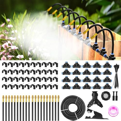30M Bewässerungssystem Garten, Automatische Bewässerung Schlauch mit 20 Spray Nozzles, 360° Curved Wassernebel Tropfbewässerungssystem, Outdoor-Nebelkühlsystem für Garten, Gewächshaus, Terrasse,Balkon