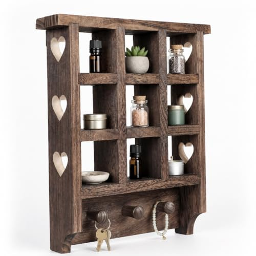 Holz Wandregal mit Herz-Ausschnitten, 9 Fächer 35 x 30 x 6,3 cm (je 6,5 x 6,5 cm) und 3 Haken, Sammlervitrine, Schaukasten, Dekoregal, Hängendes Setzkasten für Miniaturen und kleine Dekoration