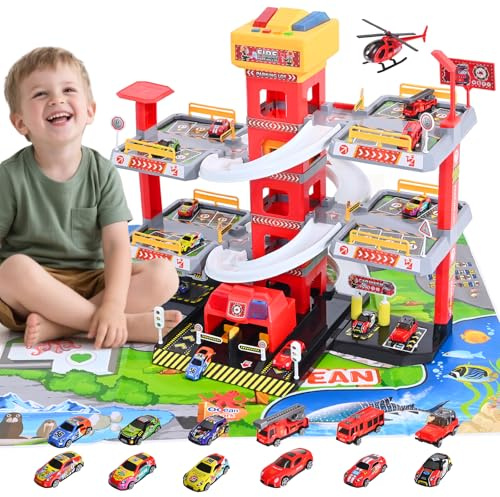 Parking pour Enfants 5 Étages, Garage pour Enfants avec 12 Voitures et 1 Hélicoptère Jouets pour Enfants Camion de Pompiers Jouet avec Ascenseur Lumière et Son, Cadeaux pour Enfants