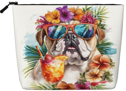 WAVMKSL Tropical Beach Dog Flower Palm Leaves Makeup Bag Travel Pouch Zipper Pouch Toiletry Bag Fake Hemp 9.45 X 6.7 Inch