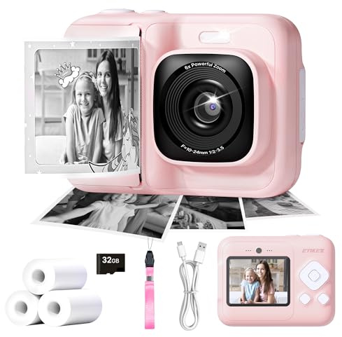 ETIKEZ Cámara infantil instantánea 1080P cámara instantánea para niños para 4 5 6 7 8 9 10 años de edad, juguete portátil con 1 paquete de tarjeta SD de 32 GB y 1 paquete de 3 rollos de papel de