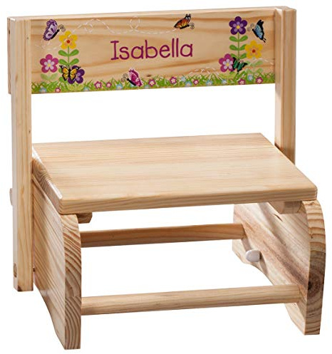 Custom 2-in-1 Children's Step Stool and Chair, Customized with Kid’s Name, Butterflies and Flowers Design