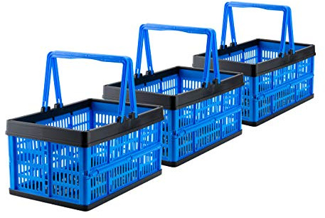 Grizzly Vikbar liten hopfällbar låda med handtag, 3-pack blå 16 l – kan användas som hopfällbar shoppingkorg och bagageförvaring