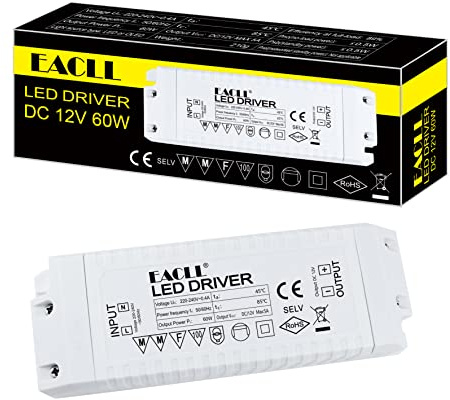 EACLL Transformador LED AC 240V a DC 12V 5A 60W, Para drive de Menos de 60W MR11 G4 MR16 GU5.3 Bombillas LED y Tiras de Luz LED, Adaptador de Lámpara LED Controlador Alimentación, 1 Pack