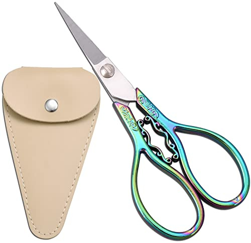 HITOPTY Kleine Präzisions-Stickschere, 10,9 cm, scharfe Spitze, Vintage-Detailschere mit Scheide für Handwerk, Nähen, Kreuzstich, Kunstwerke, Fadenschneiden