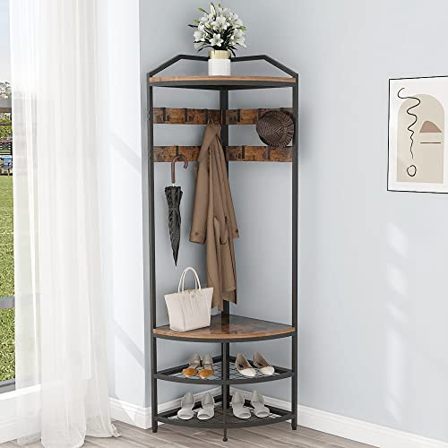 GiftGo Corner Hall Tree with Shoe Bench Entryway Coat Rack with 10 Metal Movable Hooks Floor Standing Clothes Rack Shoes Shelf Organizer for Home Office Bedroom (Rustic Brown)