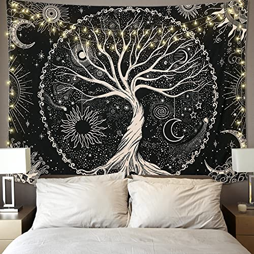 Betylifoy Tapiz de Árbol de la Vida Luna y Sol Tapiz Colgante de Pared Negro Mandala Psicodélico Tapiz de Pared Estrellado Hippie Arte de Pared Decoración para Fiesta de Dormitorio (175x230cm)