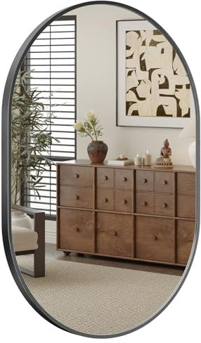 Dripex 50 x 70cm Oval Mirror, Wall Mounted Bathroom Mirror, Horizontal or Vertical Hanging Wall Mirror for Living Room, Bedroom, Entryway, Black