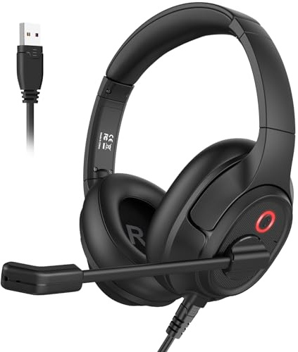 Casque avec microphone pour PC, casque d'ordinateur USB alimenté par l'IA, casque antibruit environnemental avec lumière active, micro mute et contrôle du volume, casque supra-auriculaire filaire pour