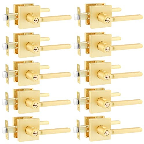 Heittis Türknauf mit Schlüsseln, goldfarben, für den Eingang, für den Außenbereich, satiniertes Messing-Finish, robuste Eingangstür-/Haustür-Innentürgriffe, gleichschließend, 10 Stück