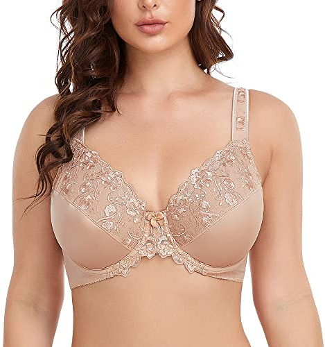Ayigedu Damen Push-Up-BH, volle Abdeckung, Bügel, florale Spitze, Übergröße, nicht gepolstert, Komfort, Alltags-BH, 52B, Beige
