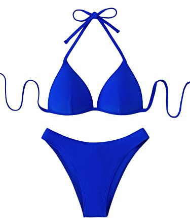 GORGLITTER Damen Push Up Bikini Sets Triangel Bademode Neckholder Swimsuit Zweiteiligwe Badeanzug Königsblau S