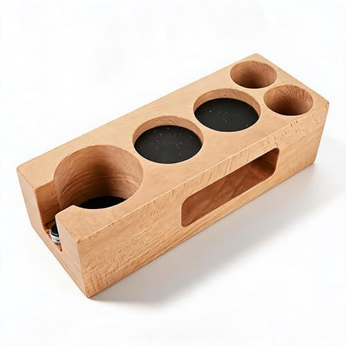 Wood Coffee Tamper Holder, Tamper Station Anti-Slip Espresso Tamping Stand, Wooden Espresso Tamper Stand for Portafilters, Tamper and Distributor (58mm 5 Hole)