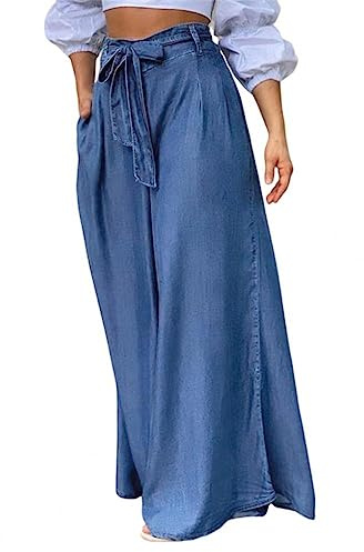 Dninmim Pantalon Femme, Hakama Longueur Attache Été, Pantalon Fluide avec Nœud Bleu Clair M