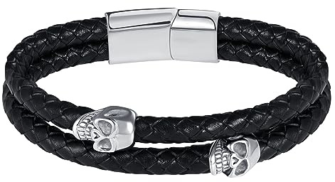 Feilok Läderarmband för män skalle punk läderarmband för män med magnetiskt flätat spänne, Läder