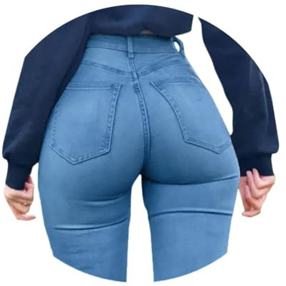 ORANDESIGNE Donna Jeggings Vita Alta Pantaloni Elastici Slim Fit Jeans Larghi Vintage Casuale Tinta Unita Pants Leggins C Azzurro XS