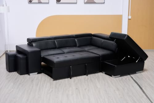 SofaHeaven Modern Design Black Bonded Leather Multi-functional L Shape settee- Left & Right Corner Sofa Bed Furniture With Storage And Stools & Ottoman (Right Hand Side)