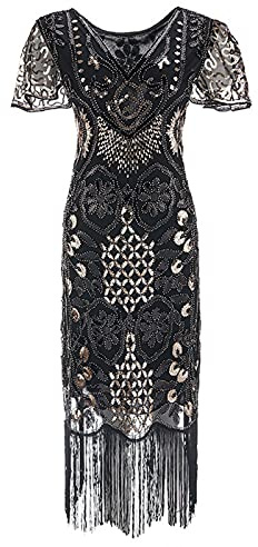 Generisch Damen 1920s Vintage Kleid Flapper Charleston Pailletten Perlen Quasten Gatsby Kost m 20er Jahre Retro Stil Abschlussballkleid Cocktailkleid Fasching Paillettenkleider
