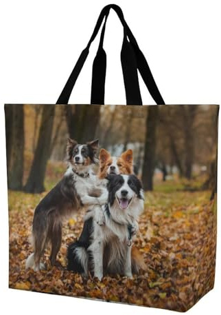 DispRa Reusable Grocery Bags, Reusable Shopping Bags Foldable with Handles Grocery Tote Bag Heavy Duty for Groceries Cute Border Collie Dog Printed, 40x40x16cm, Cute Border Collie Dog, 40x40x16cm