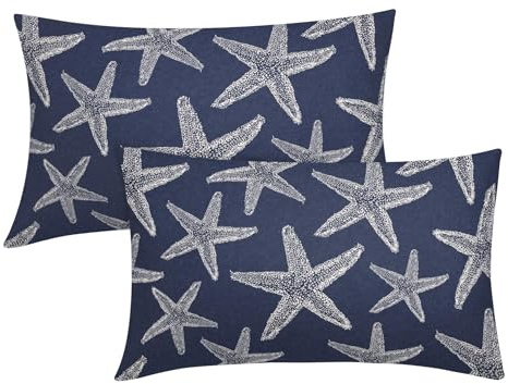 Navy Blue Starfish Ocean Lumbar Pillow Covers 12X20 Inch Summer Nautical Coastal Beach Decorative Pillow Cases Set of 2 Cotton Linen Throw Pillows Seasonal Home Decor For Sofa Couch Cushion Outdoor