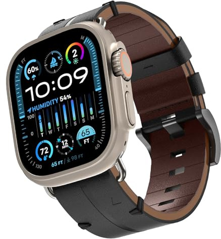 Läderarmband för Apple Watch Ultra 2 49mm, äkta läderarmband vintage armband ersättningsband för iWatch Ultra 49mm 46mm 45mm 44mm 42mm Series 10 9 8 SE2 7 SE 6 5 4 3 2 1, svart,