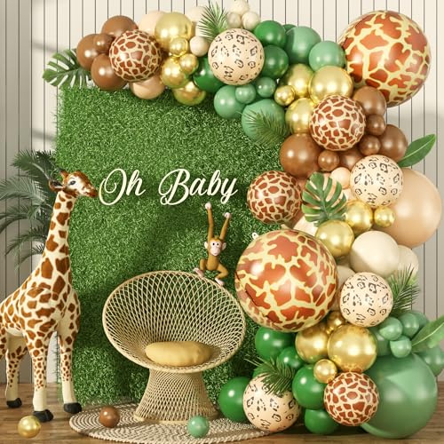 Dschungel Safari Luftballon Girlande, Dunkel Grün Braun Wild One Geburtstag Deko mit Tierdruck Ballons Sage Grün Beige Ballongirlande für Kindergeburtstag Baby Shower Geburtstag Waldland Party Deko