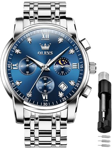 OLEVS Herrenuhren Blau Edelstahlarmband Quarz Uhr Männer mit Diamant Datum Wasserdicht Leuchtende Klassische Elegantes Armbanduhr Geschenk