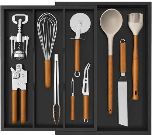 Lifewit Cutlery Drawer Organiser, 4 Compartment Cutlery Tray Bamboo Kitchen Utensil Tray, 4 Sections Flatware and Silverware Holder, Wood Adjustable Storage for Spoons Forks Knives, Black