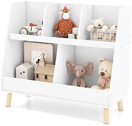 DREAMADE Bücherregal Kinder mit Massivholzbeinen, Spielzeugregal Kinderzimmerregal, Kinderregal aus Holz Weiß für Kinderzimmer Spielzimmer