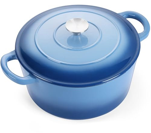 E-far Horno holandés esmaltado de 7 cuartos de galón, olla redonda de hierro fundido con tapa para hornear pan, estofar, asar, guisar, utensilios de cocina antiadherentes resistentes seguros para