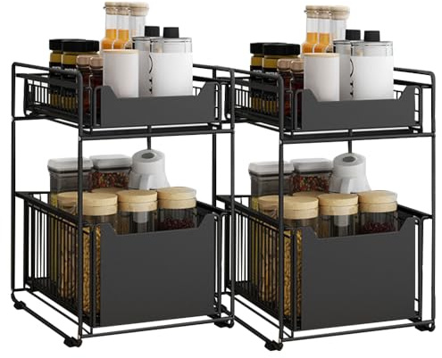 HUOLE Rangements sous Evier 2 Niveaux Organisateur Coulissant avec 2 Tiroirs, Panier Coulissan pour Cuisine, Garde-Manger, Chambre, Porte-épices-37,4 * 26,5 * 44 cm-Noir (2 pièce)